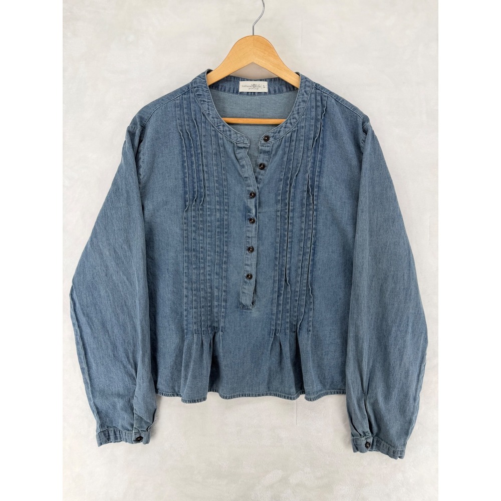 Natural Life women's Blue Chambray Cotton Pleated Front Button Up Blouse L